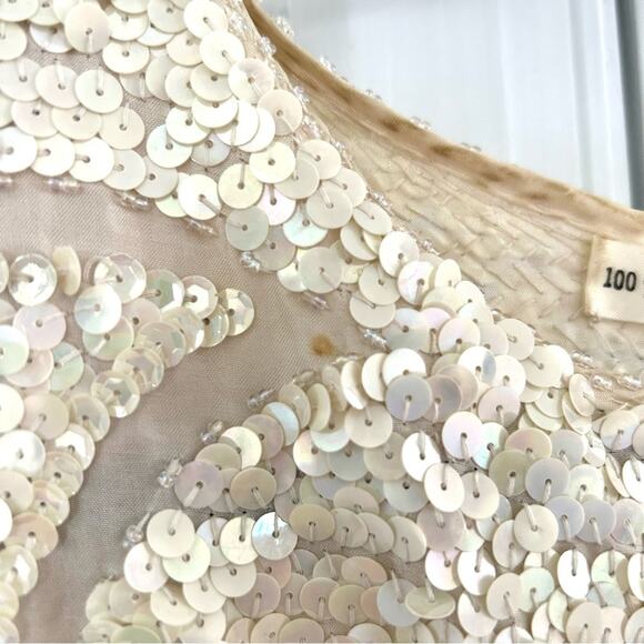 Vintage Silk & Sequin Cream Star Print Top w/ Zig Zag Edge - Picture 6 of 8
